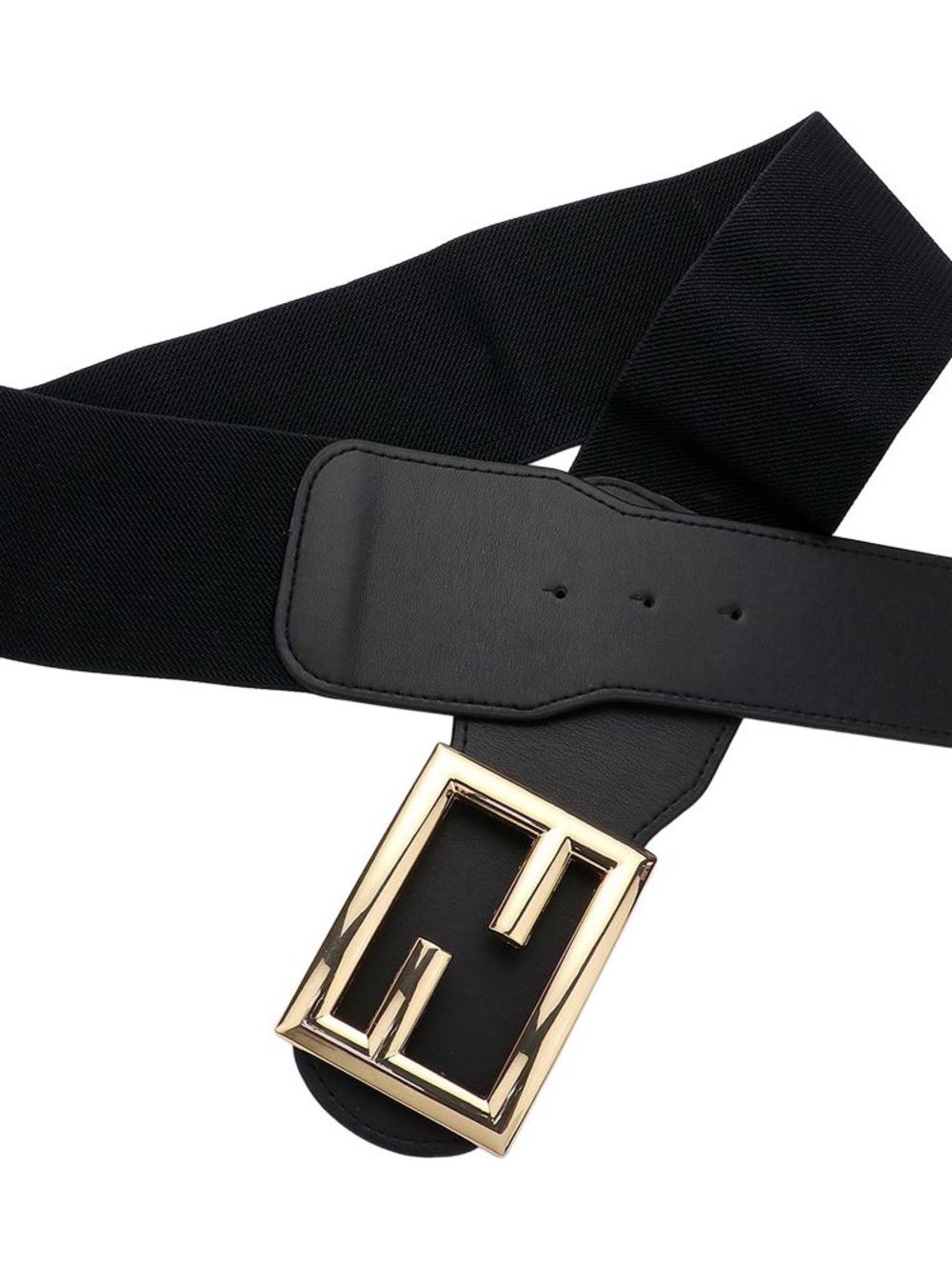 Wide Black Elastic Belt with Gold Buckle